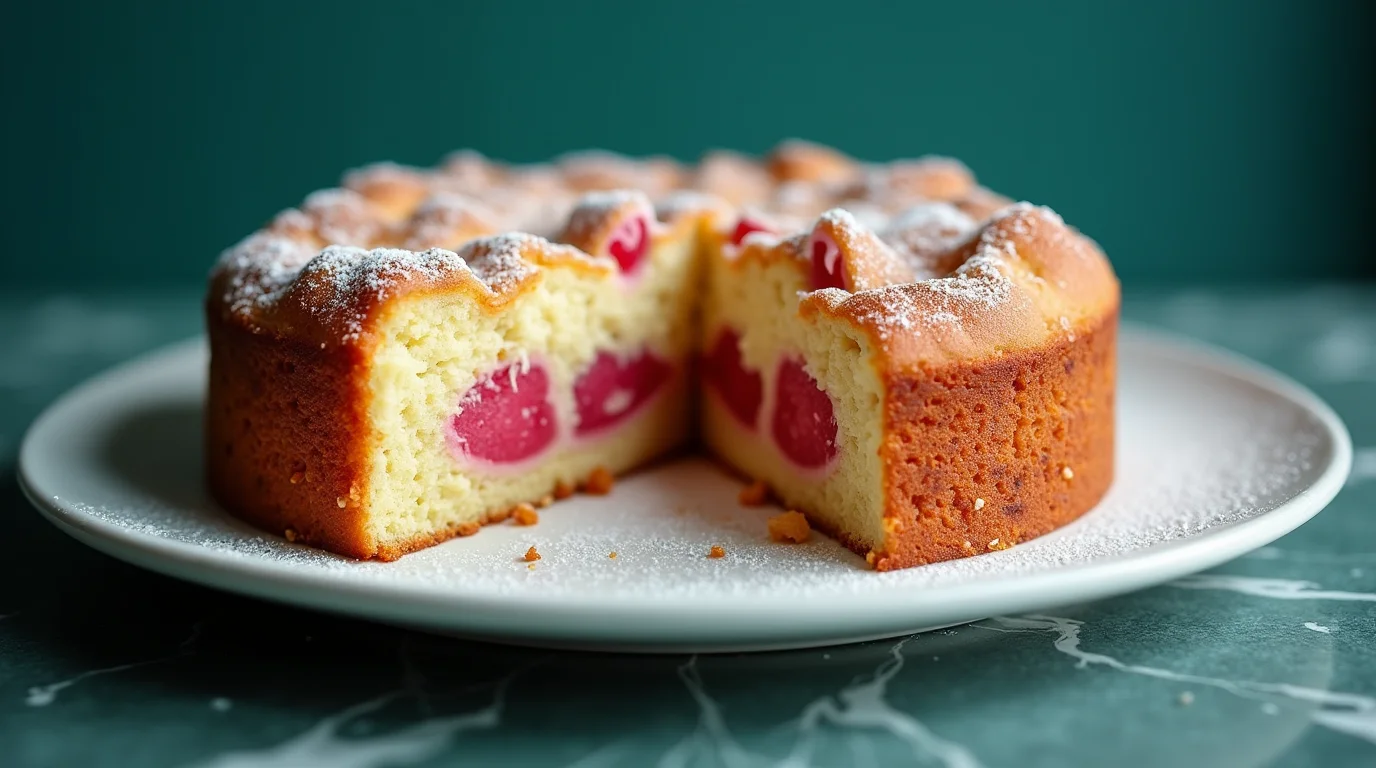 Old-fashioned rhubarb cake with buttermilk on a white plate, topped with powdered sugar.