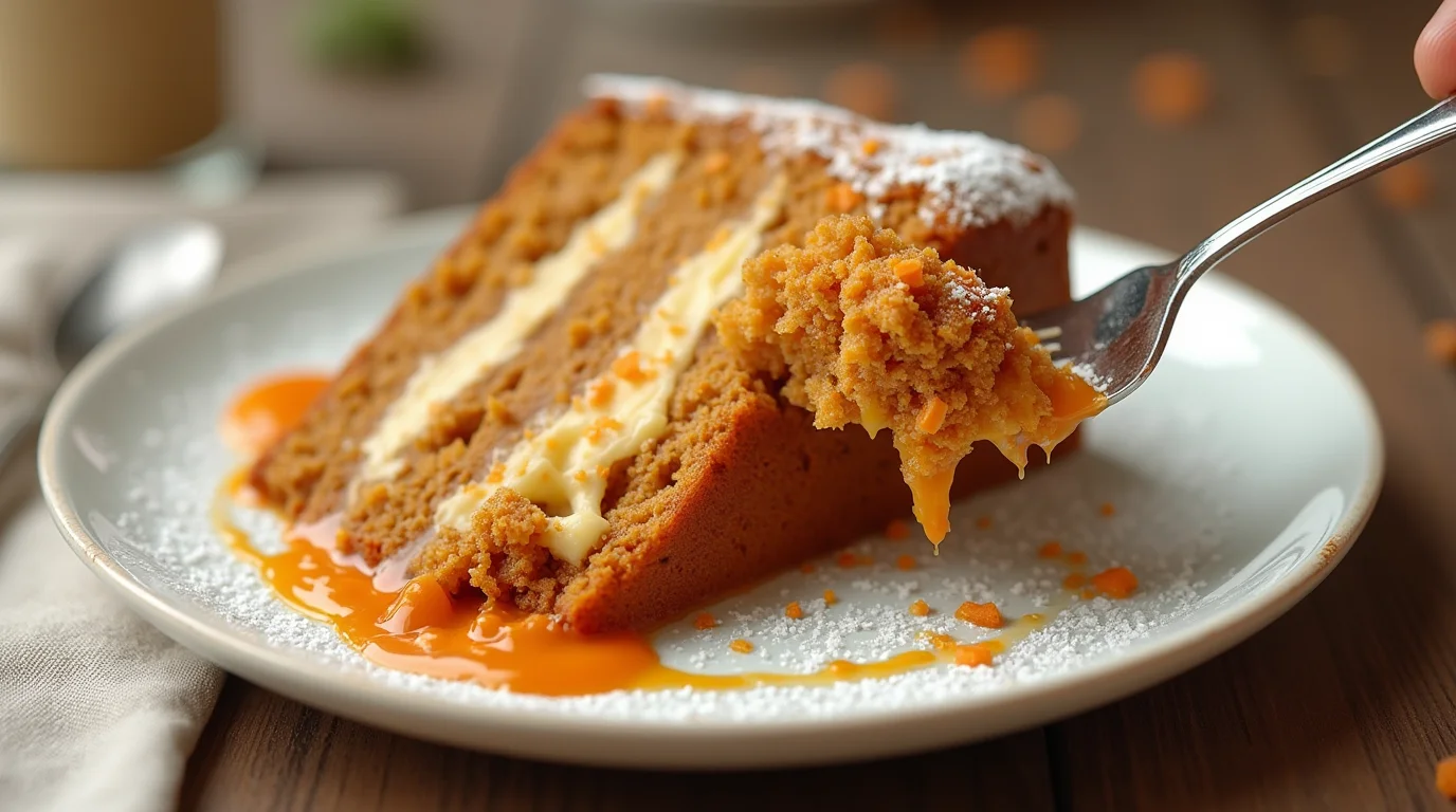 Ooey gooey carrot butter cake recipe served with creamy filling and caramel drizzle on a plate.