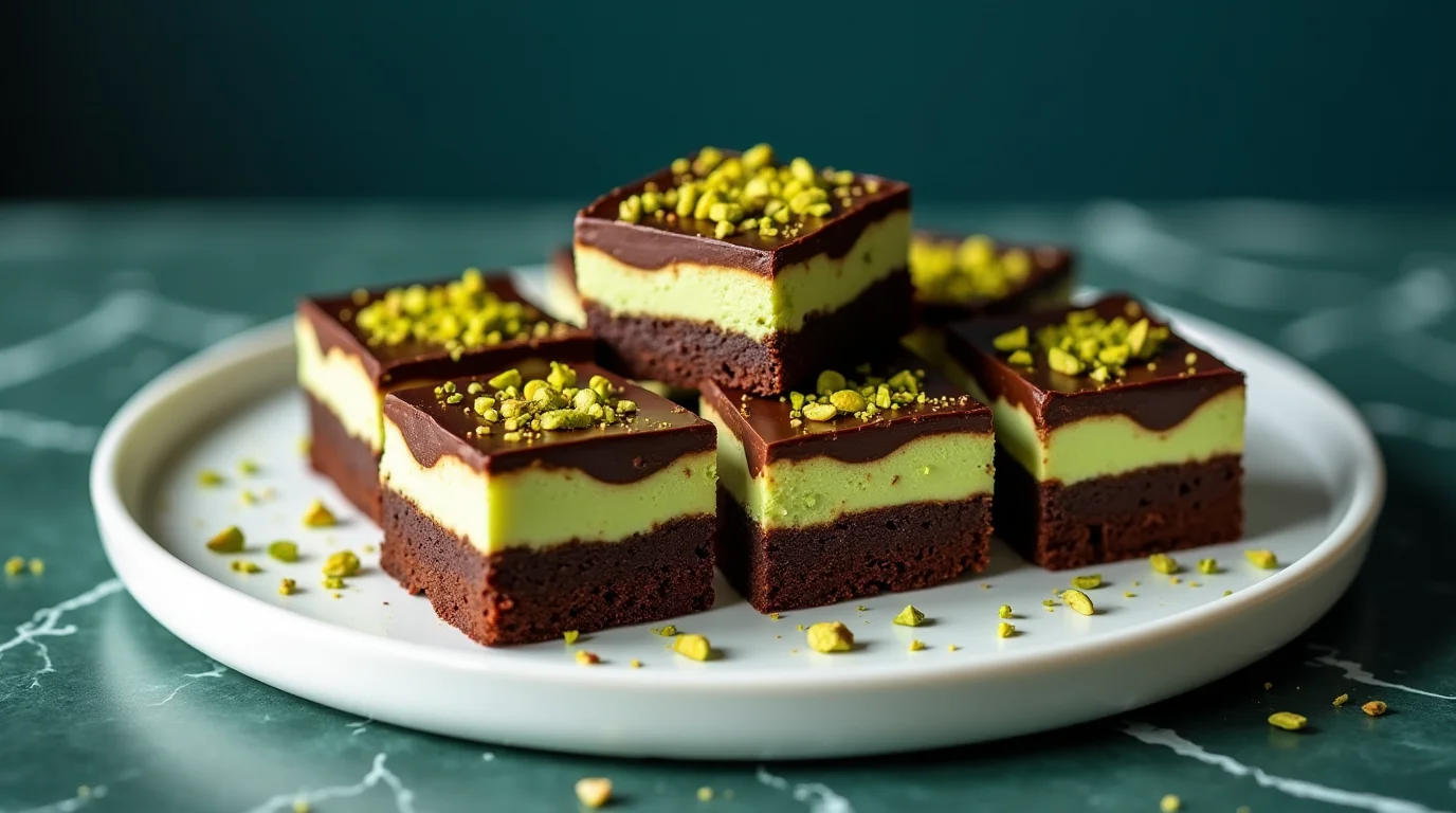 Delicious Pistachio Cheesecake Brownies topped with chopped pistachios on a white plate.