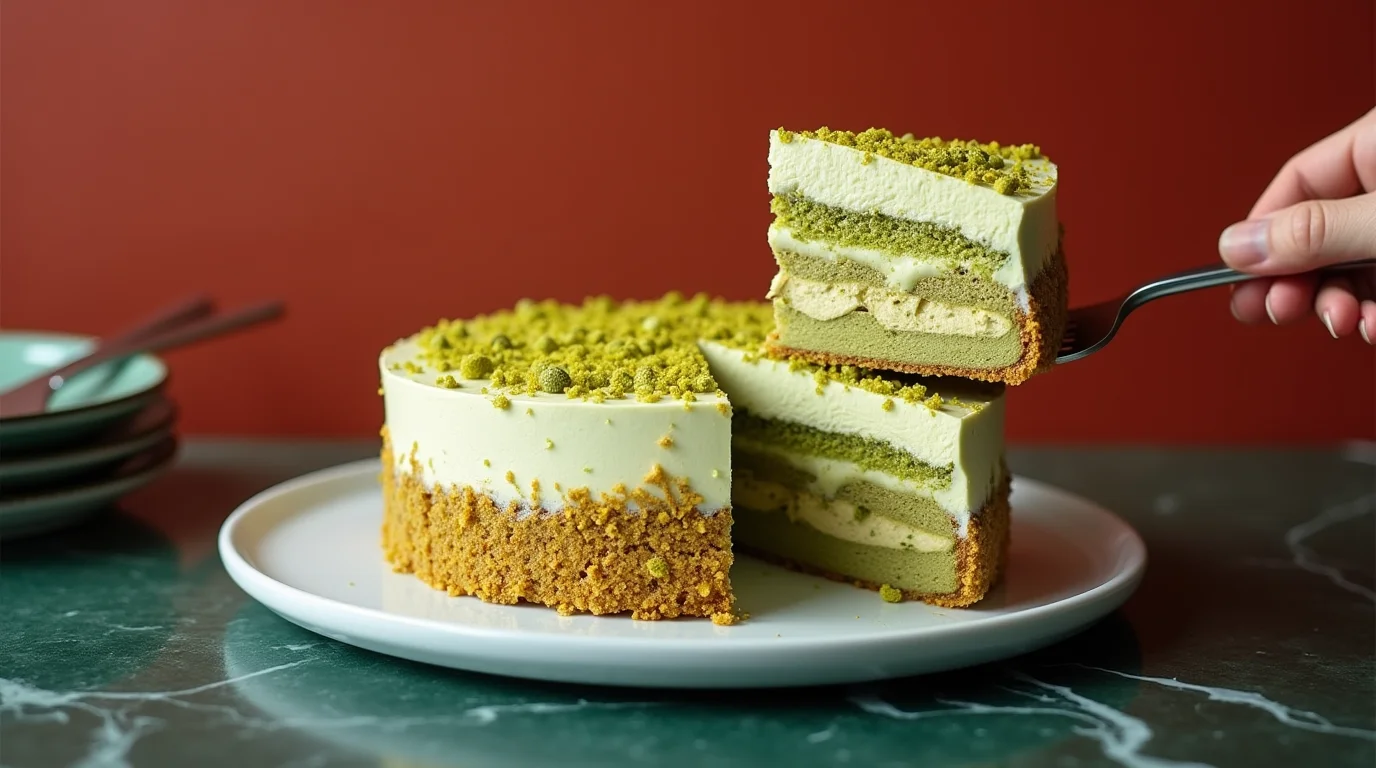 Slice of Pistachio Matcha Tiramisu Cake being lifted from the whole cake on a white plate.