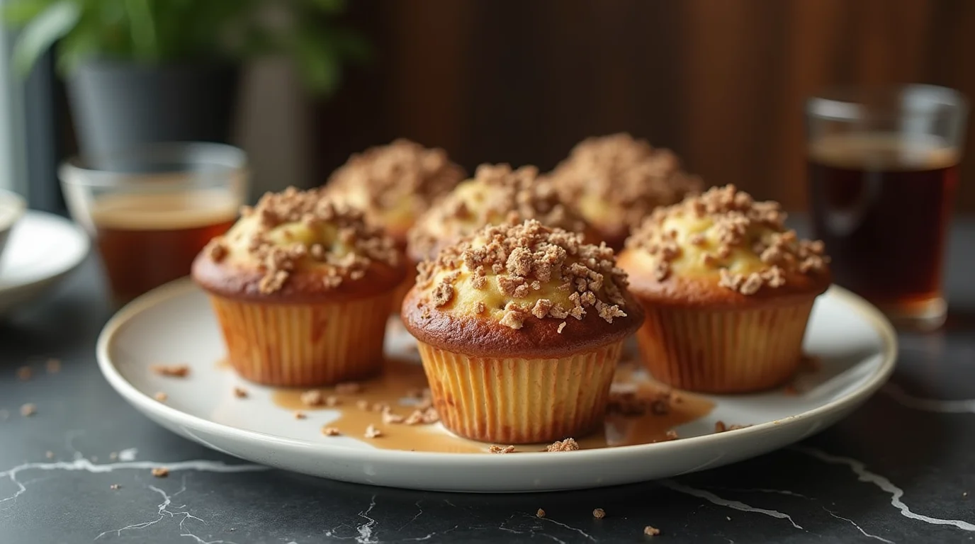 Vietnamese Coffee Cake Muffins Recipe with streusel topping served on a plate with coffee.