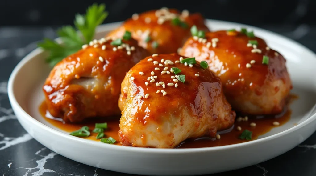 Easy honey garlic chicken thighs served with sesame seeds and green onion garnish.
