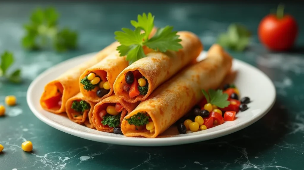 Chicken taquitos with veggies on a plate, filled with corn, beans, and peppers – easy homemade chicken taquitos recipe.