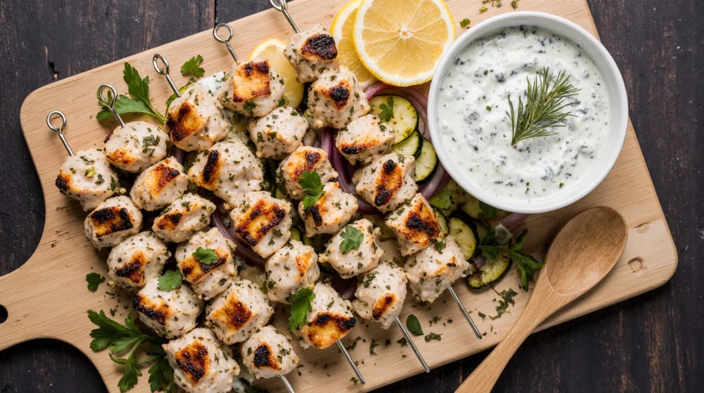 Greek lemon chicken skewers tzatziki served with grilled vegetables and fresh dill sauce on a wooden board.