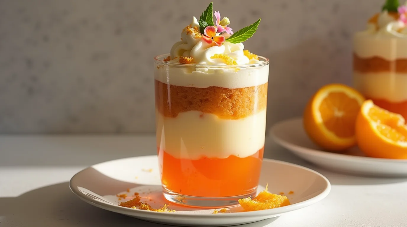 Elegant Aperol spritz layered trifles dessert in a glass with whipped cream and orange garnish