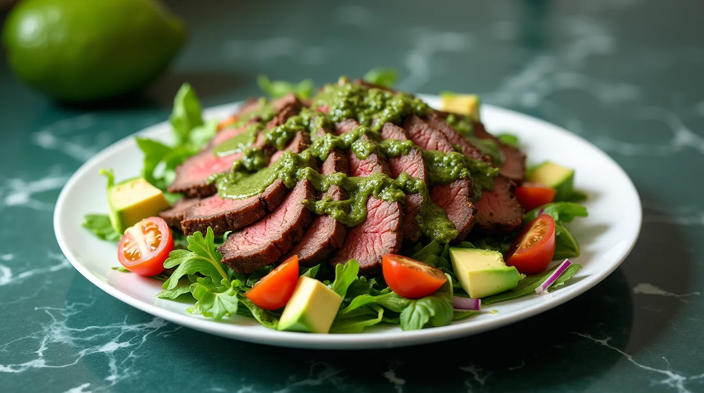 Avocado Chimichurri Steak Salad with sliced grilled beef, avocado, cherry tomatoes, and green chimichurri sauce.