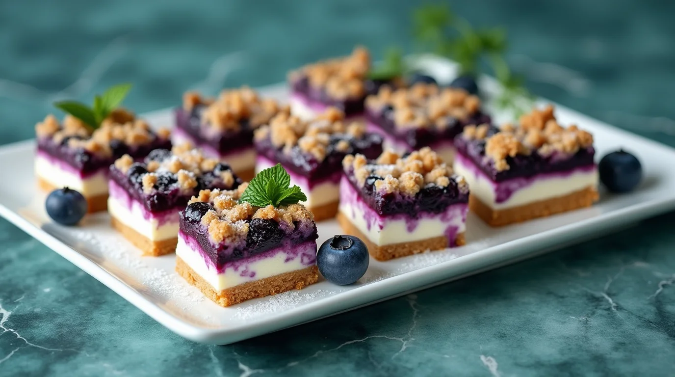 Blueberry Crumble Cheesecake Bars with a golden crust, creamy cheesecake layer, blueberry topping, and crumbly streusel, served on a white plate.