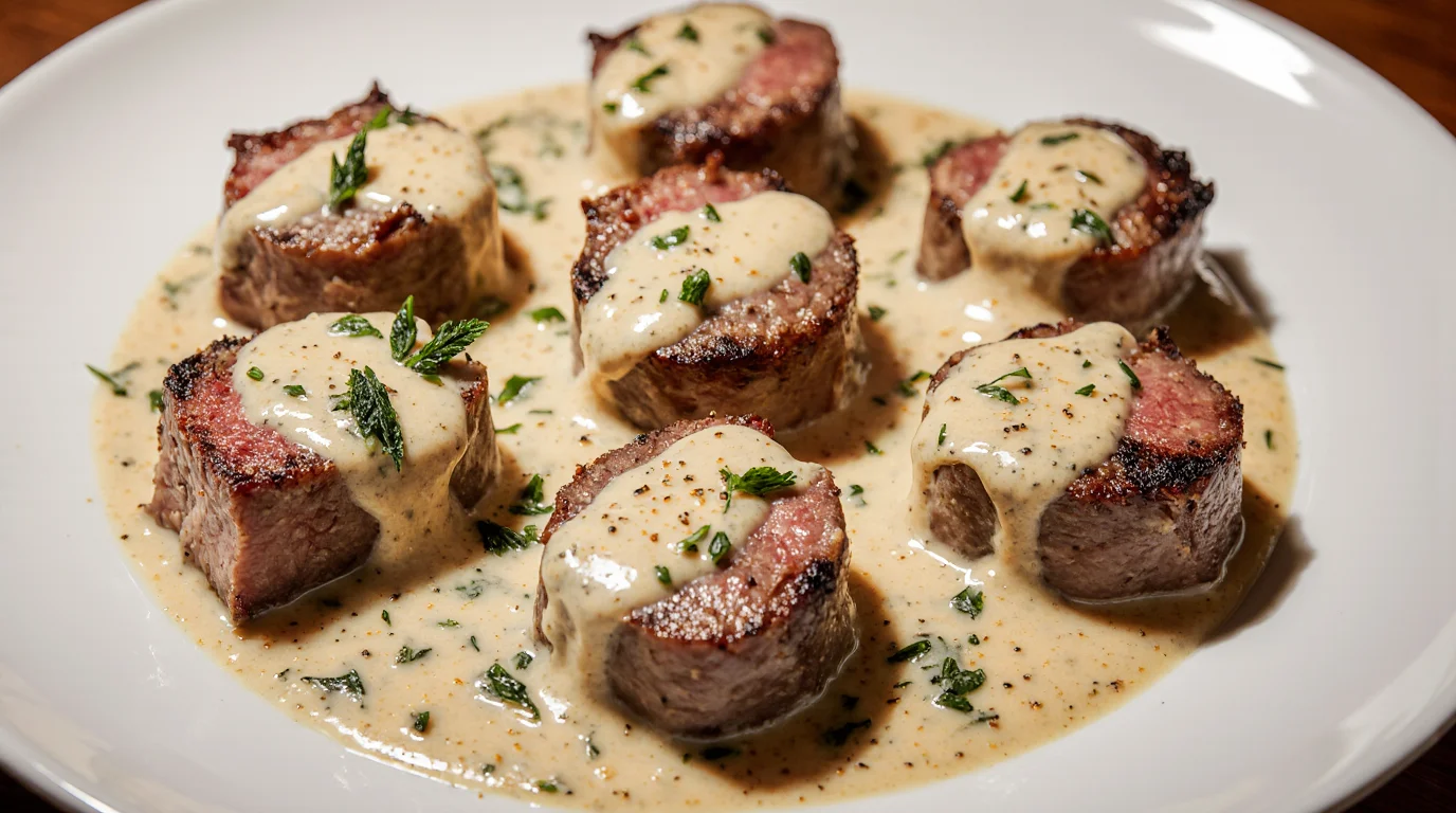 Creamy Garlic Butter Steak Recipe with tender beef medallions topped with rich garlic butter sauce