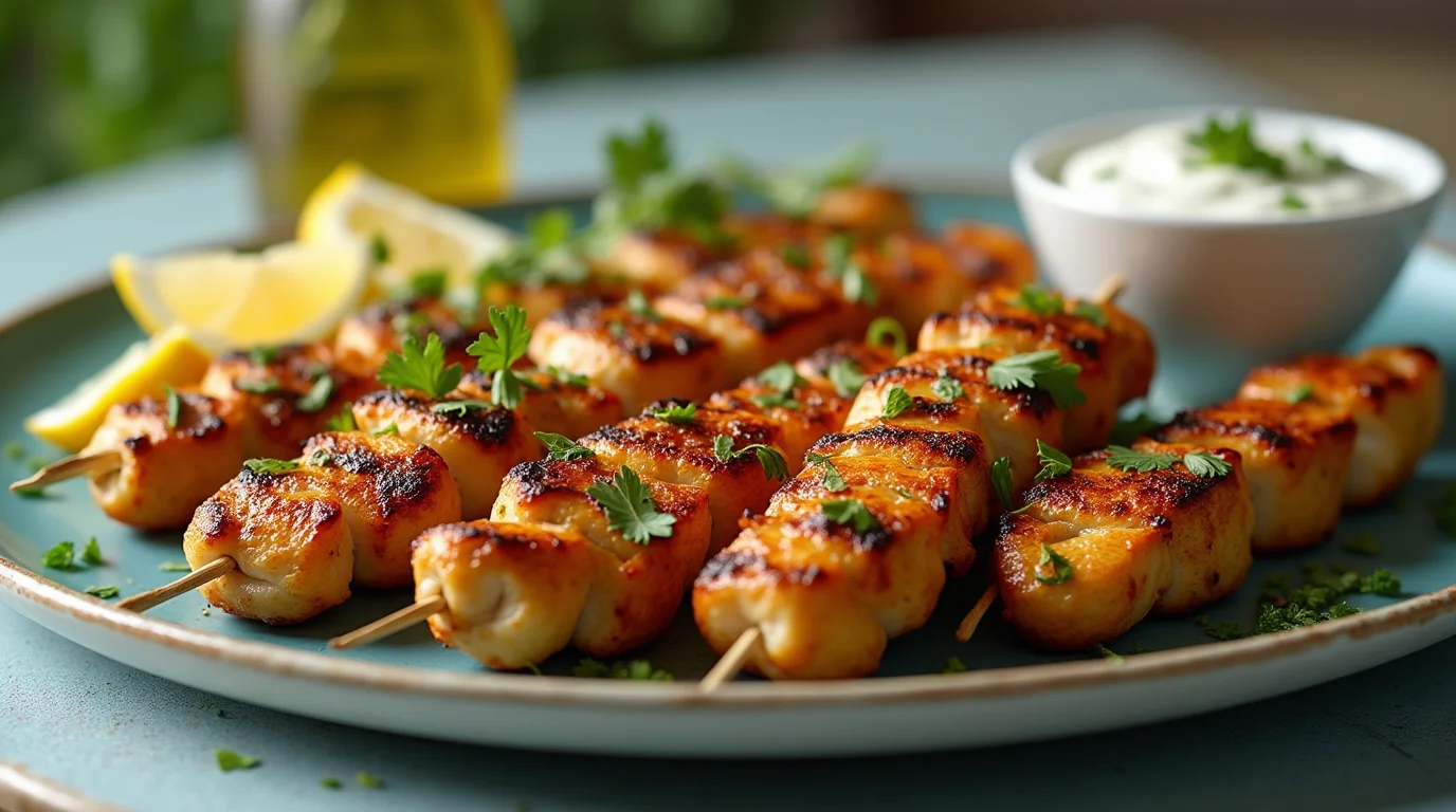 Grilled skewers of marinated chicken served with herbs and sauce – Greek Chicken Kebab Grill Recipe.