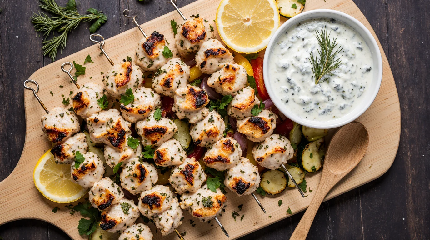 Greek lemon chicken skewers tzatziki served on a wooden board with fresh herbs and lemon slices.