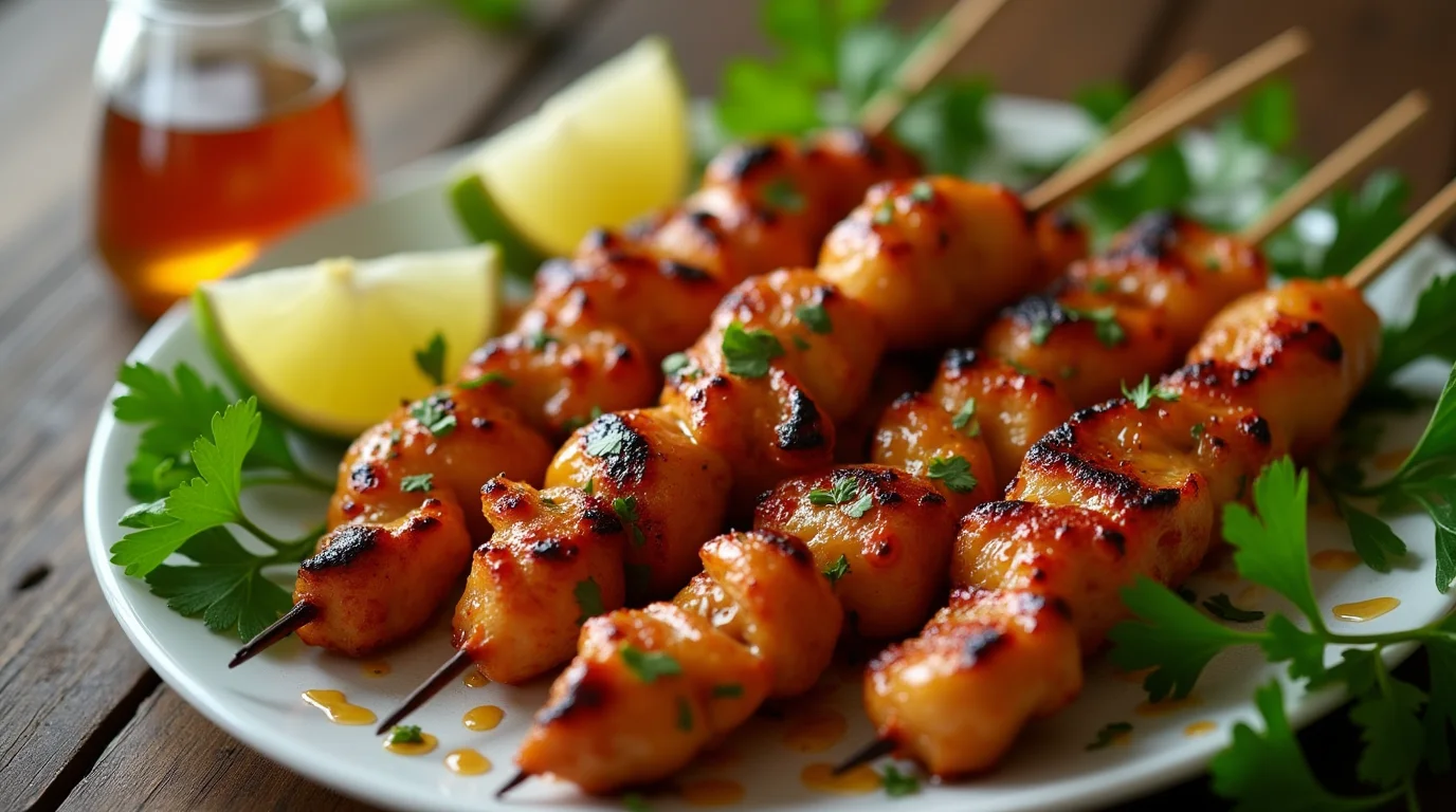 Grilled Hot Honey Chicken Skewers Recipe with lemon wedges and herbs on a serving plate.