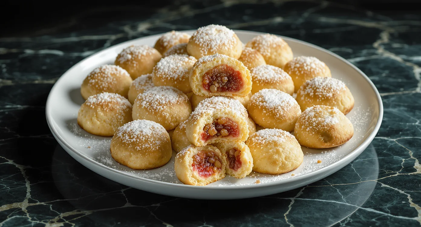 Homemade Italian Fig Cookies Recipe – a plate of traditional Italian fig cookies filled with fig and nut filling, dusted with powdered sugar.
