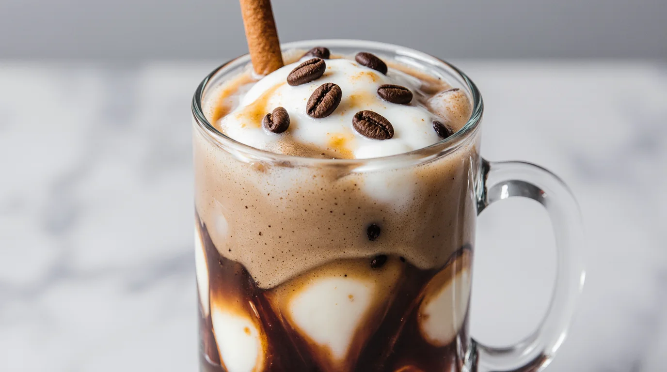 Glass mug filled with Iced Mexican Coffee recipe topped with whipped cream, coffee beans, and cinnamon stick.