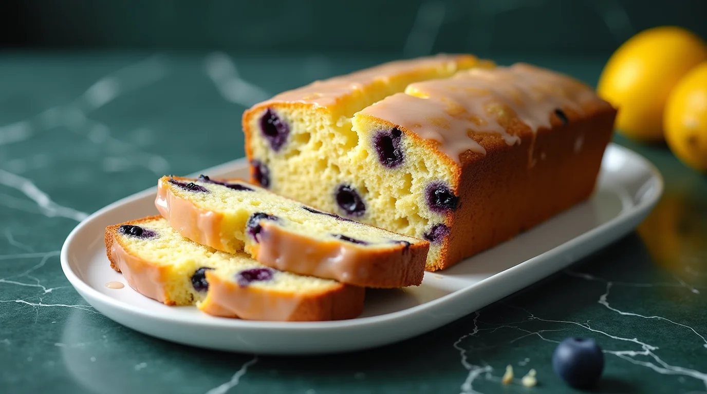 Sliced Lemon Blueberry Quick Bread Loaf with glaze on white plate