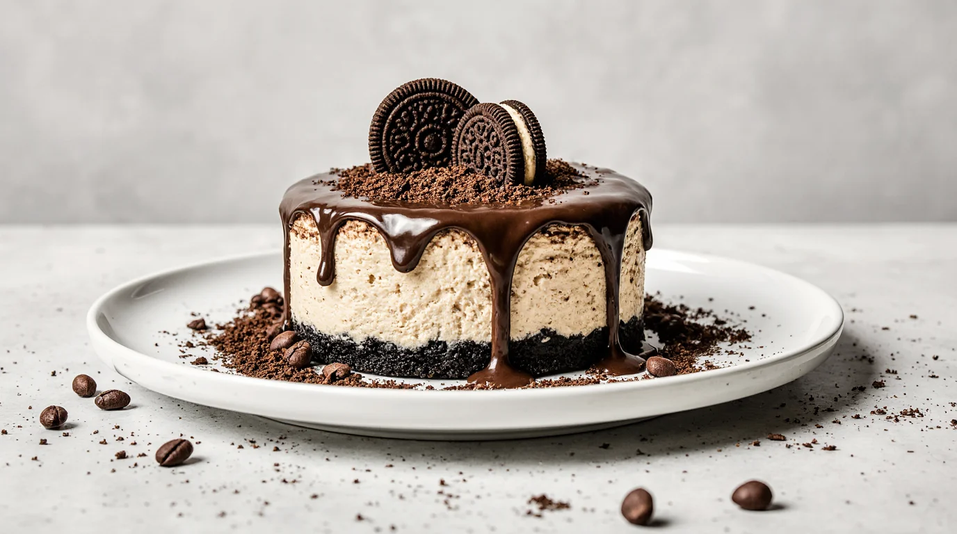 No-Bake Mocha Oreo Cheesecake recipe topped with chocolate ganache and Oreo cookies.