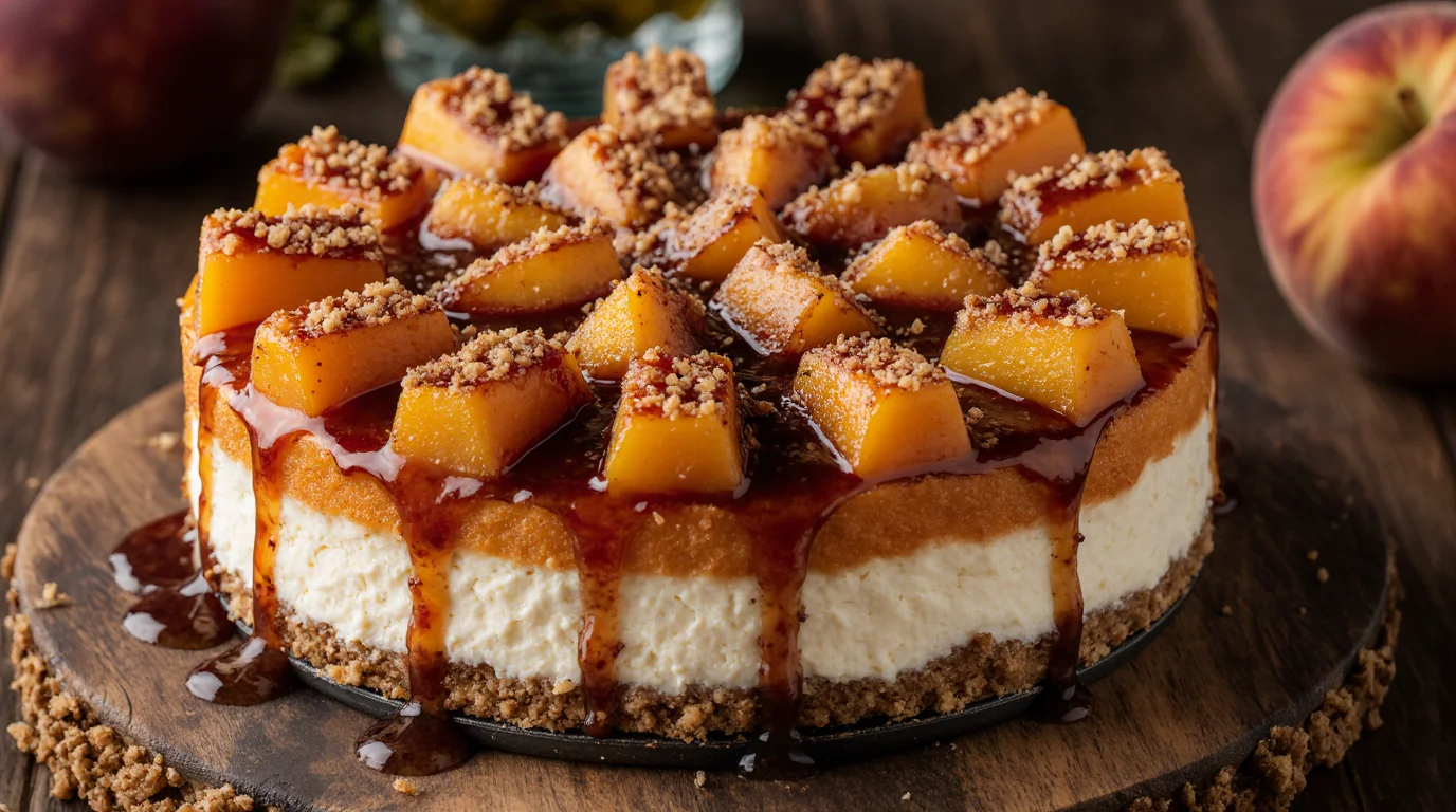 Peach cobbler cheesecake with crumble topped with caramelized peaches and syrup drizzle