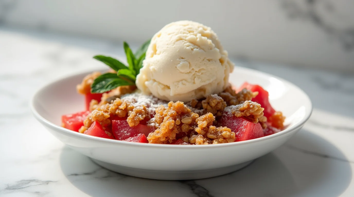 Rhubarb Crisp With Vanilla Ice Cream served in a white bowl with a mint garnish.