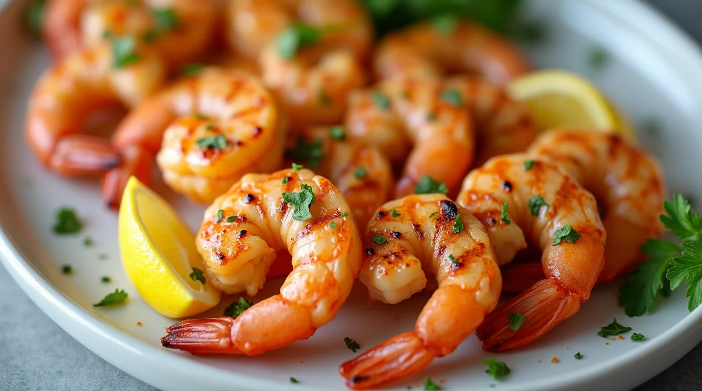 Spicy Citrus Grilled Shrimp Skewers served with lemon wedges and fresh herbs.