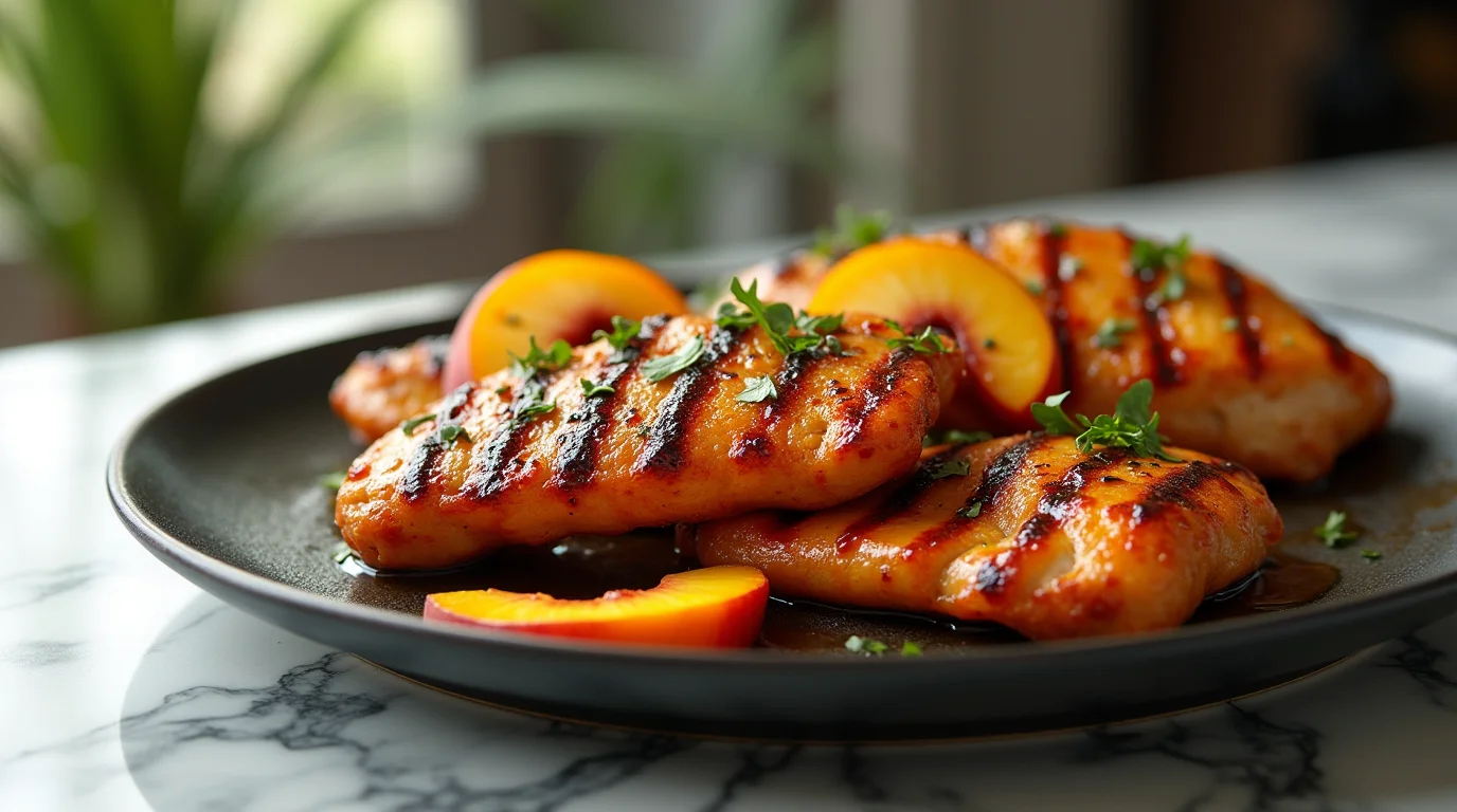 Spicy Peach Glazed Grilled Chicken served with fresh peach slices on a black plate.