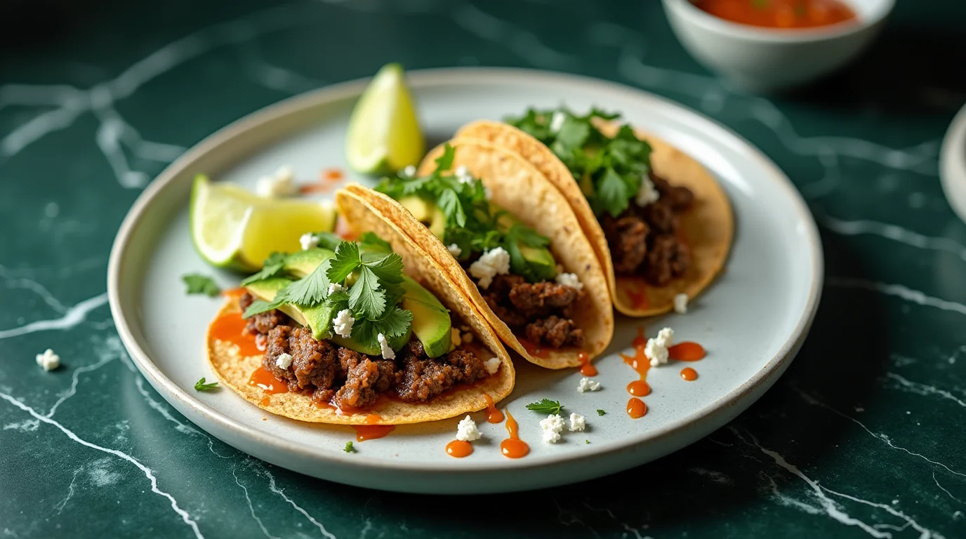 Sweet and Spicy Beef Tacos topped with avocado, cilantro, and crumbled cheese on a plate.