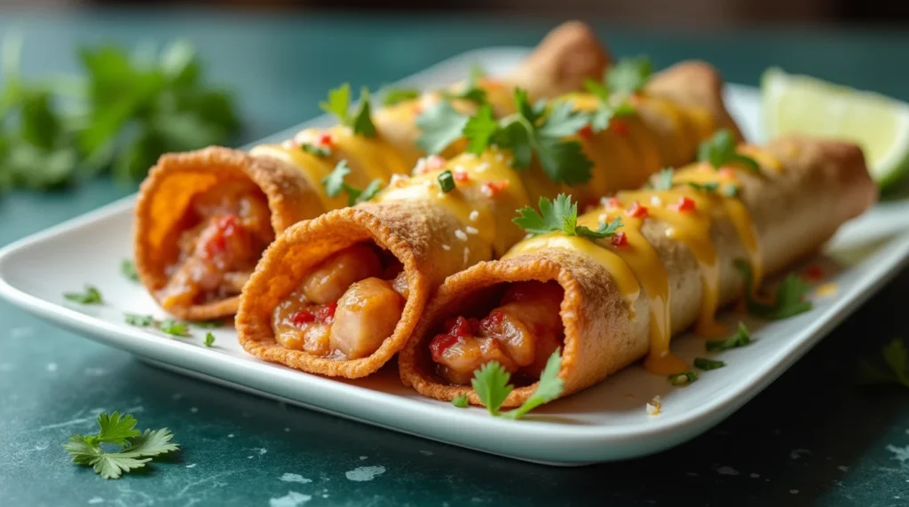 Crispy taquitos filled with chicken and topped with cheese sauce – easy homemade chicken taquitos recipe.
