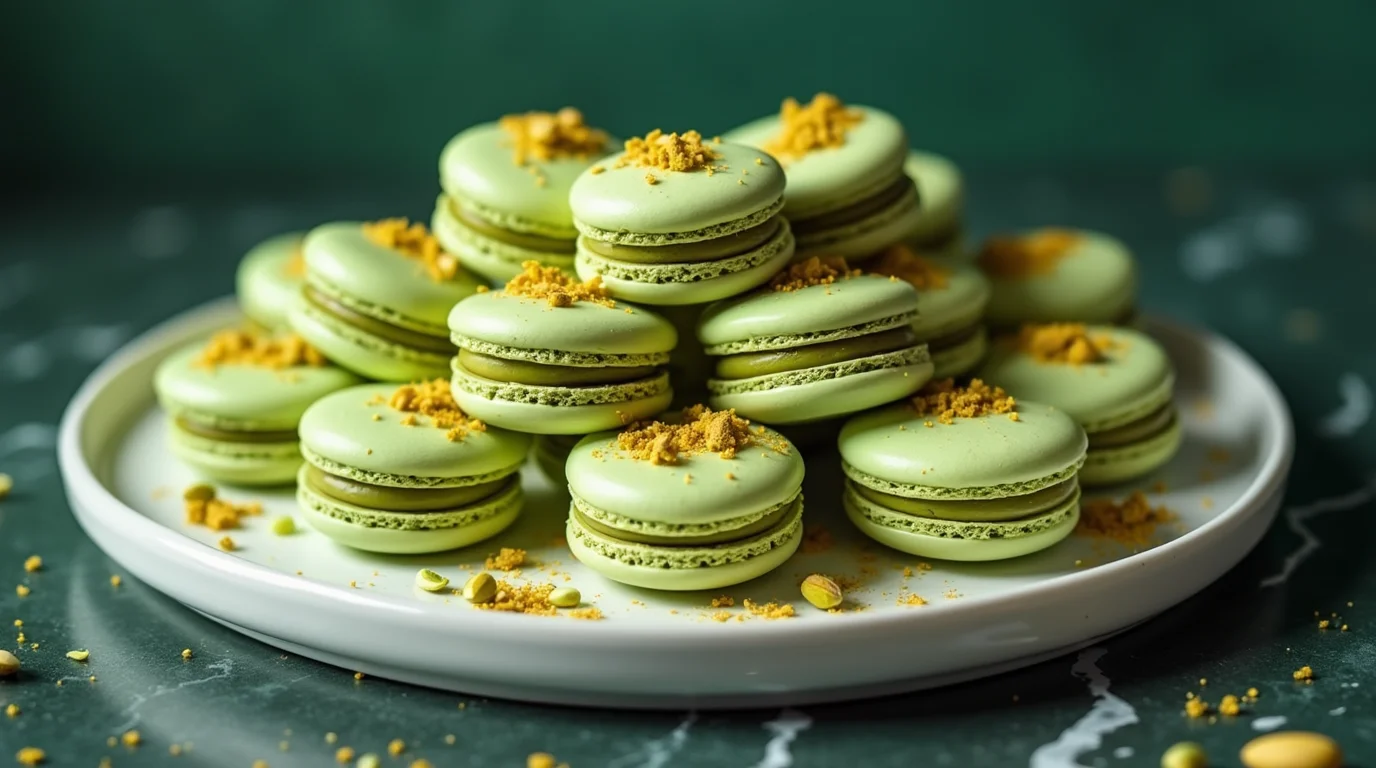 A plate of green macarons topped with crushed pistachios, beautifully arranged on a white dish — perfect for an easy pistachio macaron recipe.