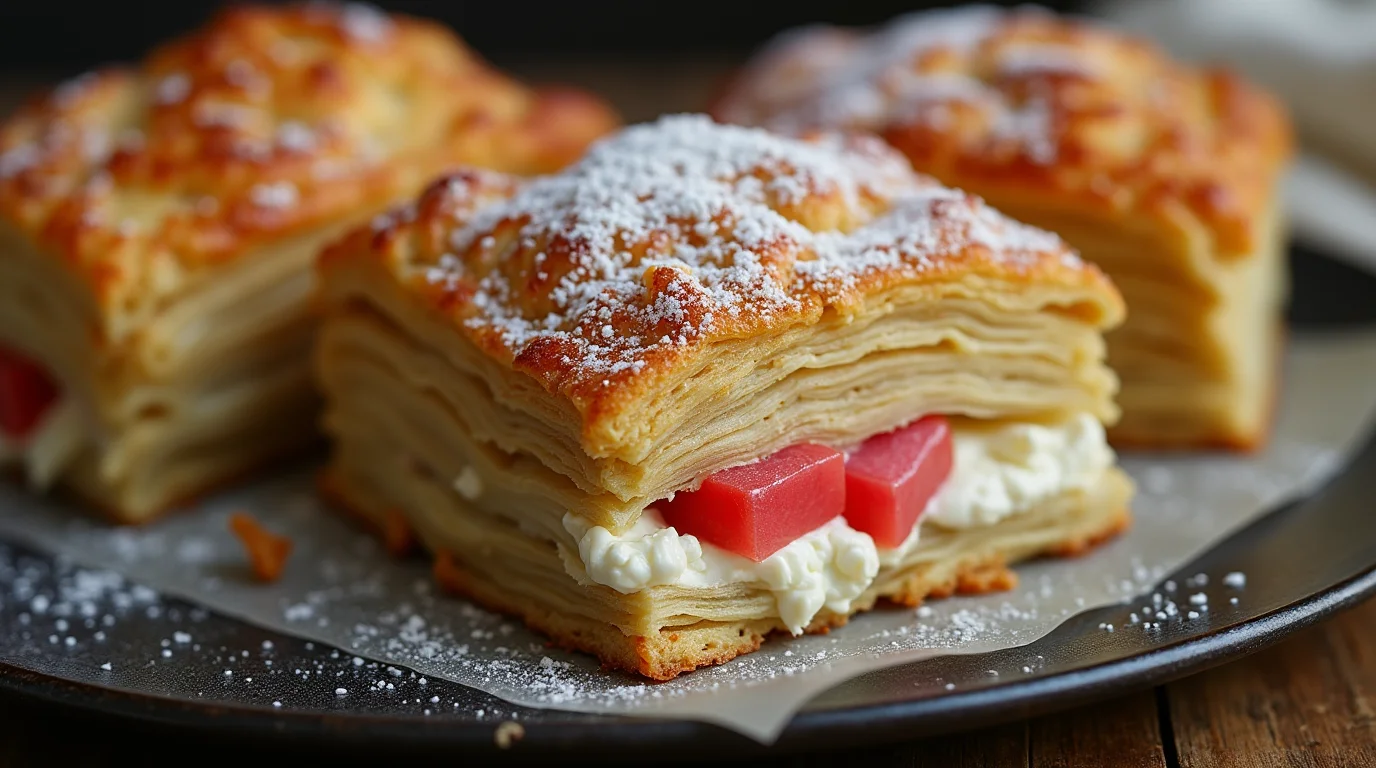 Rhubarb Cream Cheese Puff Pastries dusted with powdered sugar on a plate