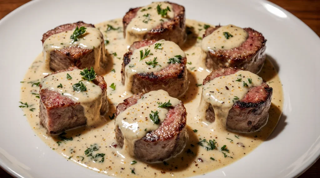 Creamy Garlic Butter Steak Recipe served with a rich garlic cream sauce and herbs