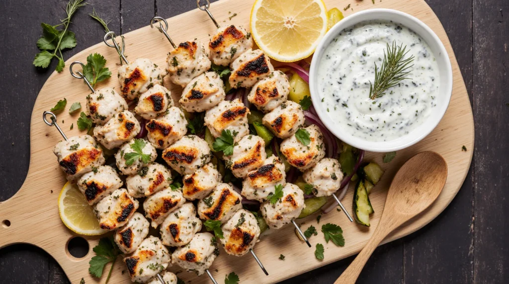 Greek lemon chicken skewers tzatziki with grilled vegetables and creamy yogurt sauce.