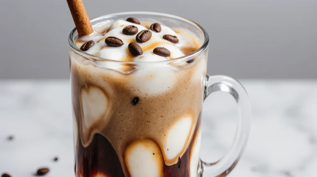 Refreshing Iced Mexican Coffee recipe with whipped topping, cinnamon, and whole coffee beans.
