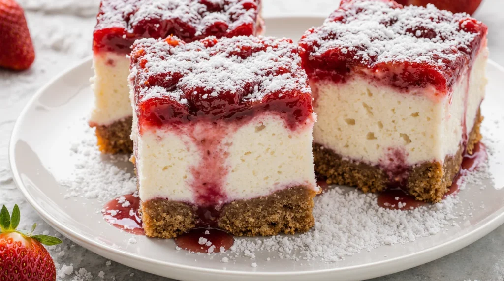 Close-up of Strawberry-Rhubarb Cheesecake Squares topped with fruit glaze and powdered sugar