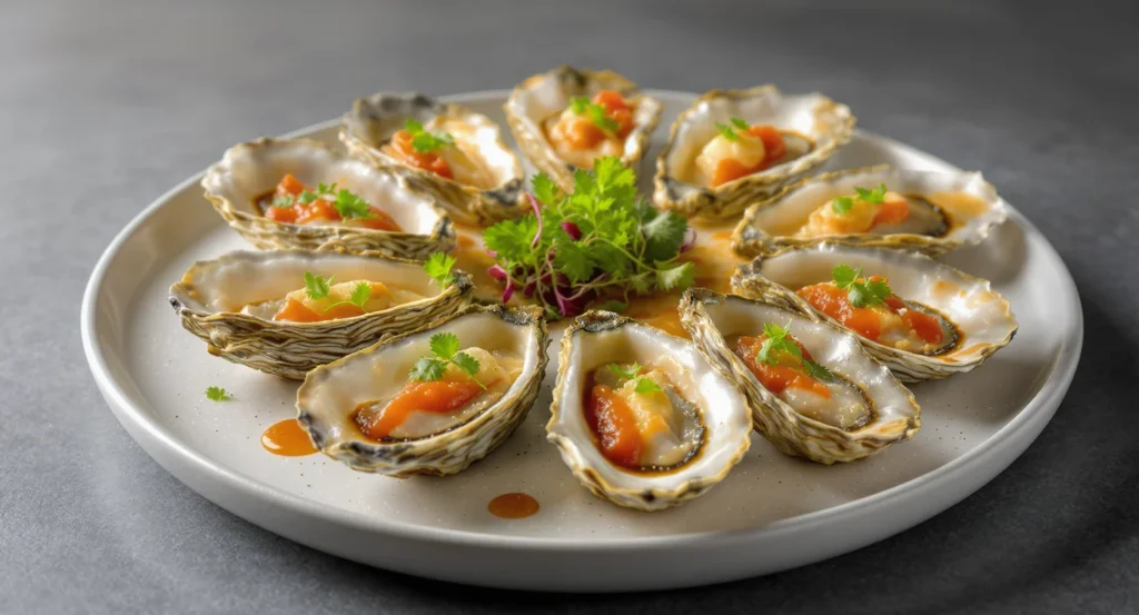 Sriracha Lime Broiled Oyster Recipe with fresh herbs on a round white plate.