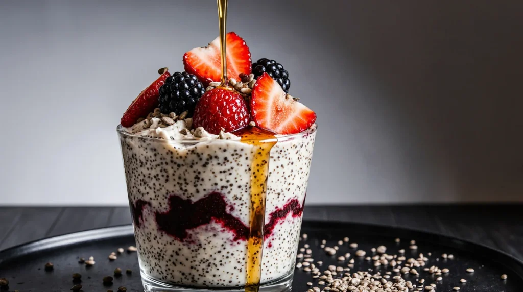 Greek Yogurt Chia Protein Pudding with berry swirl, fresh fruit, and honey drizzle.