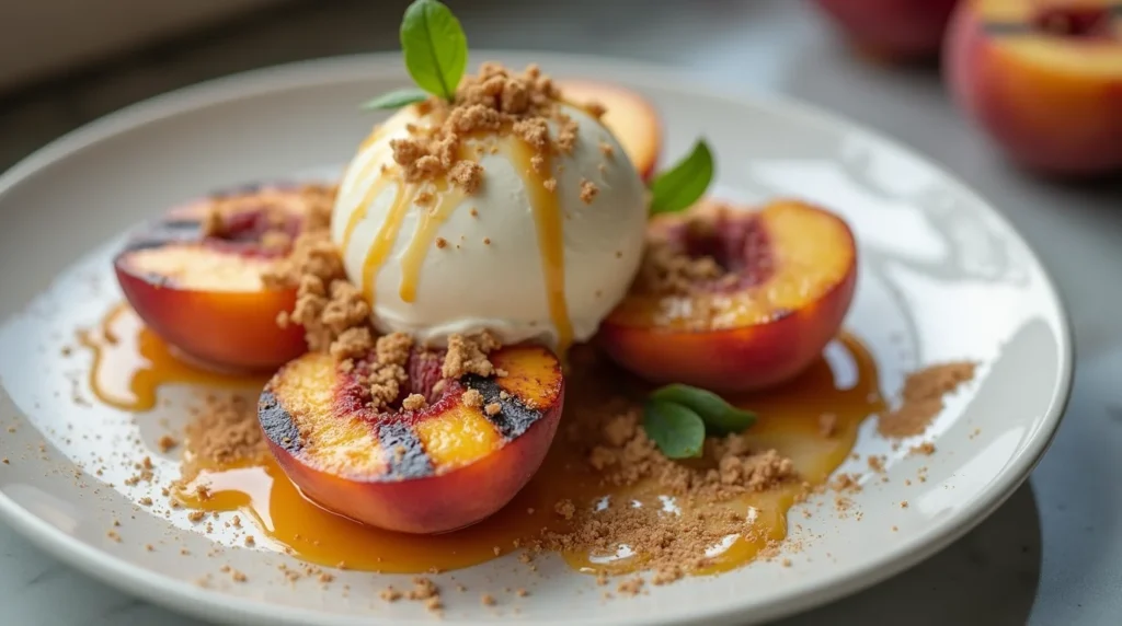 Grilled peaches with vanilla ice cream topped with caramel sauce and cookie crumble on a white plate.
