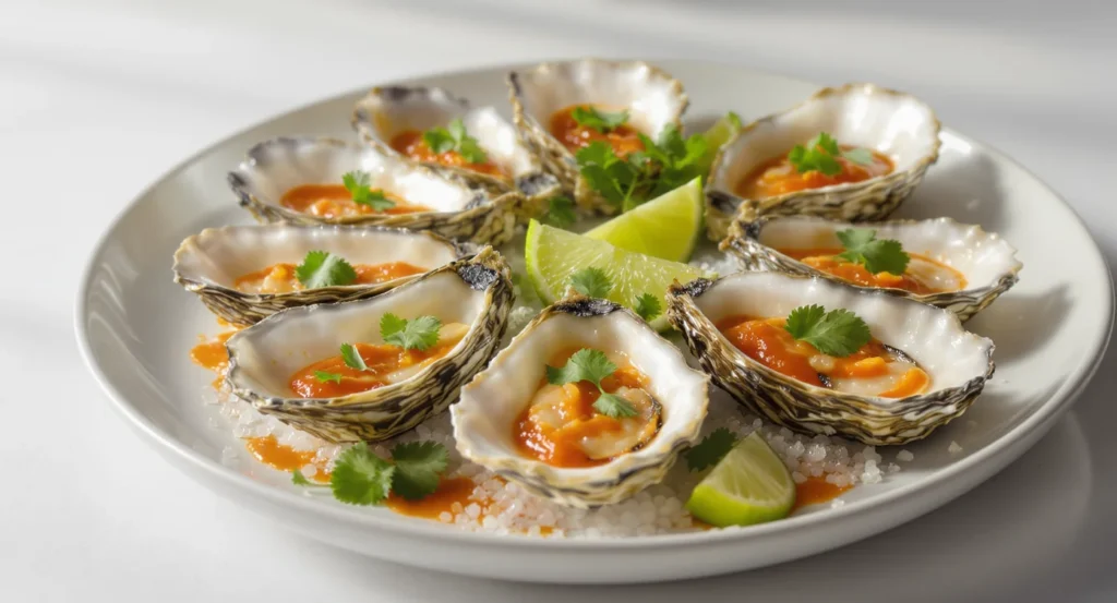 Sriracha Lime Broiled Oyster Recipe with fresh herbs on a round white plate.