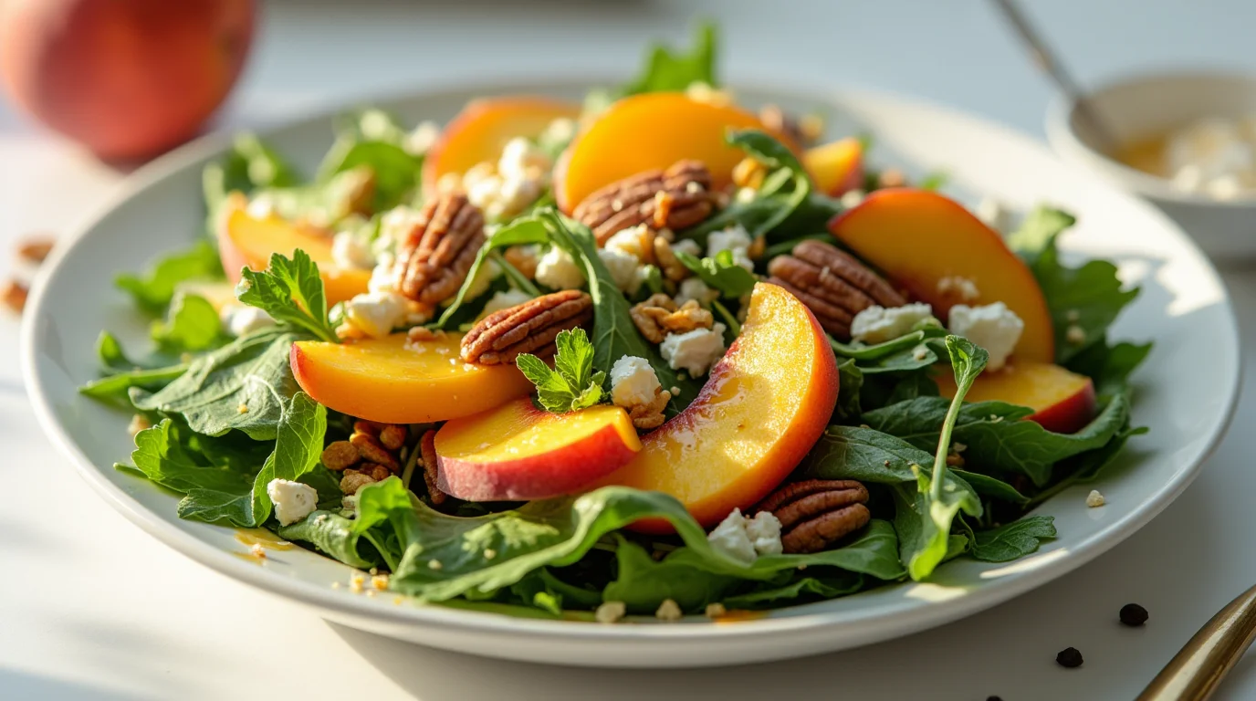 Fresh Peach and Pecan Summer Salad with arugula, feta, and honey drizzle.