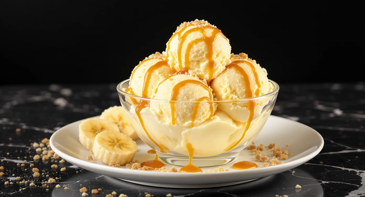 Banana Pudding Ice Cream Recipe with creamy scoops and caramel drizzle in a glass bowl