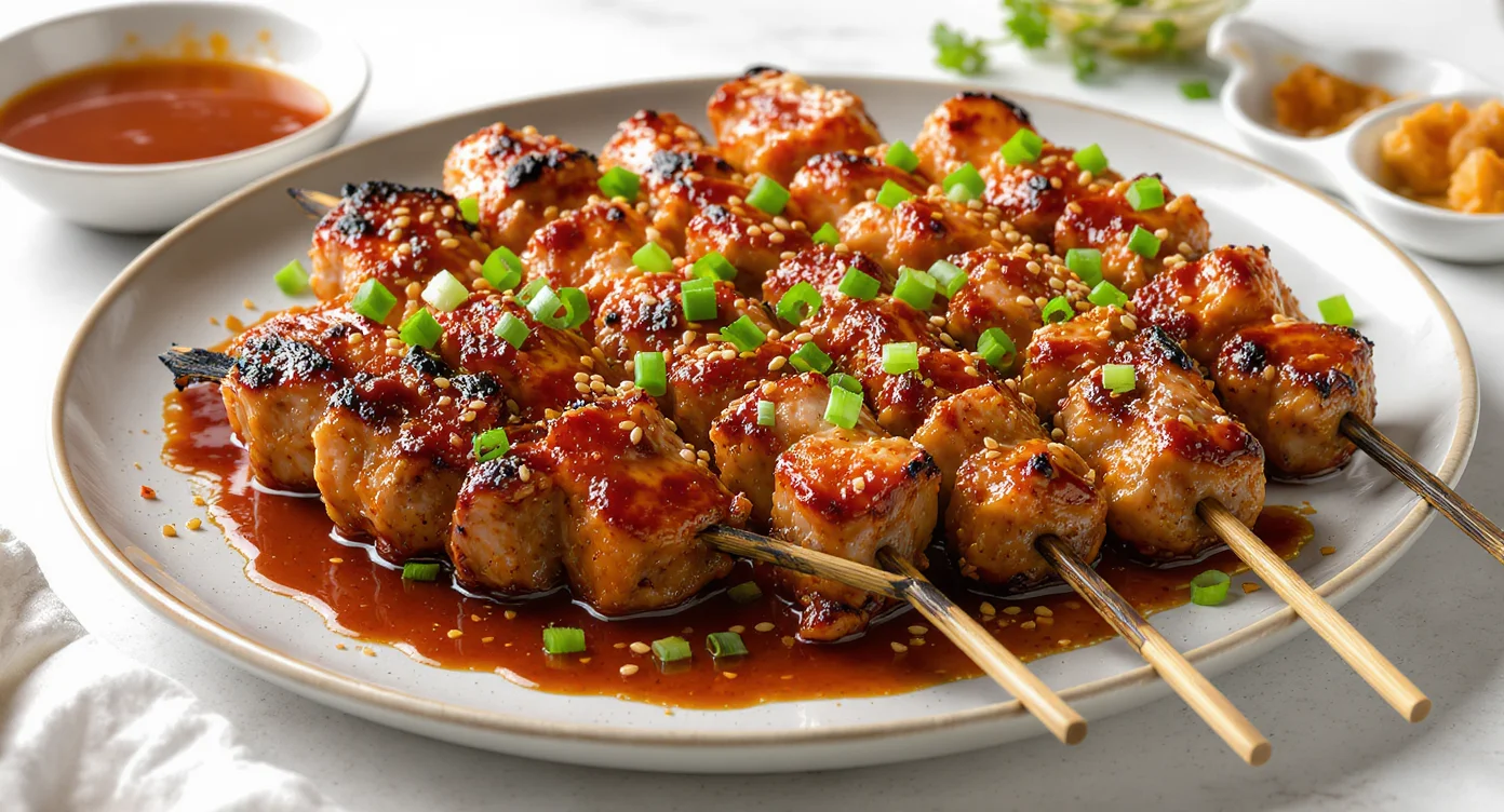 Bang Bang Chicken Skewers glazed in spicy sauce and topped with sesame seeds and green onions.