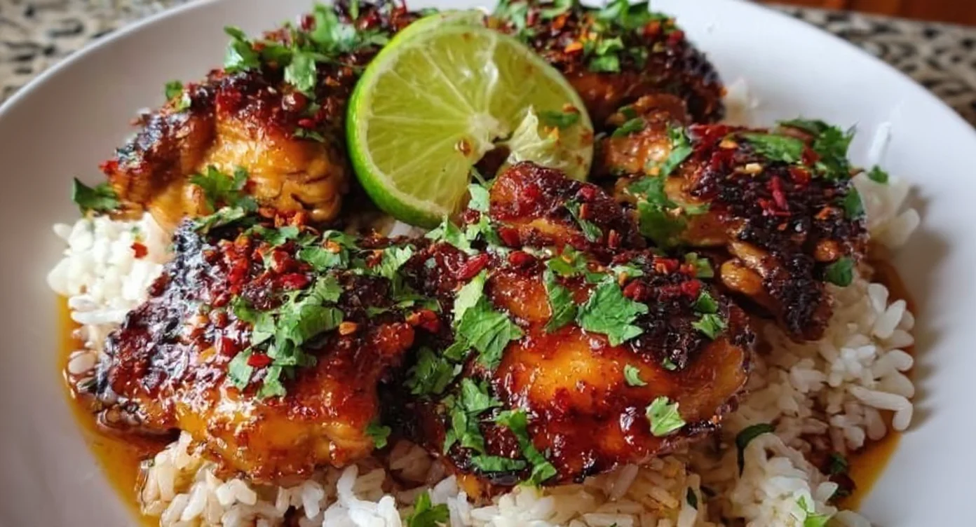 Chipotle Honey Chicken Recipe served over rice with cilantro and lime garnish