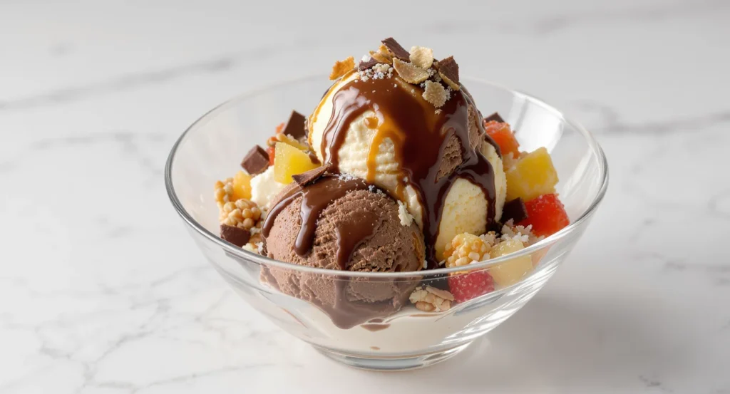 Chocolate And Vanilla Ice Cream Sundae topped with caramel, fruit, and chocolate pieces in a glass bowl