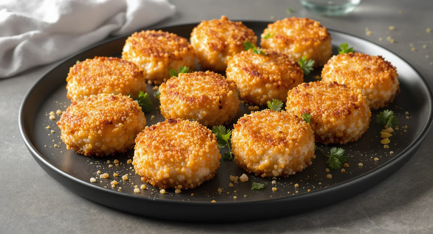 Crispy quinoa crab cake recipe served on a black plate, garnished with parsley.