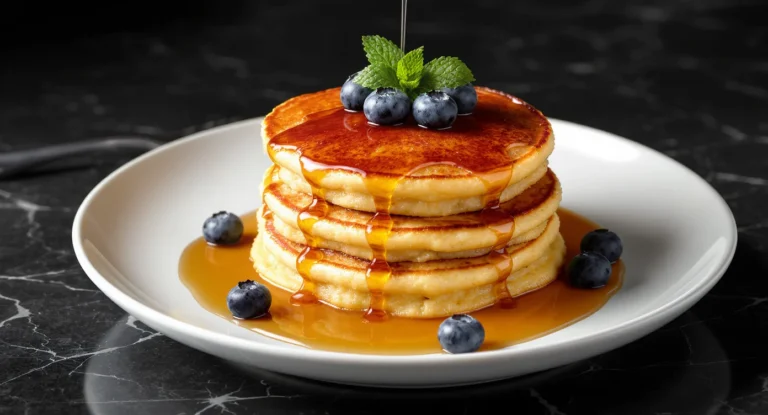 Easy Bisquick Pancake Recipe with syrup and fresh blueberries on a white plate