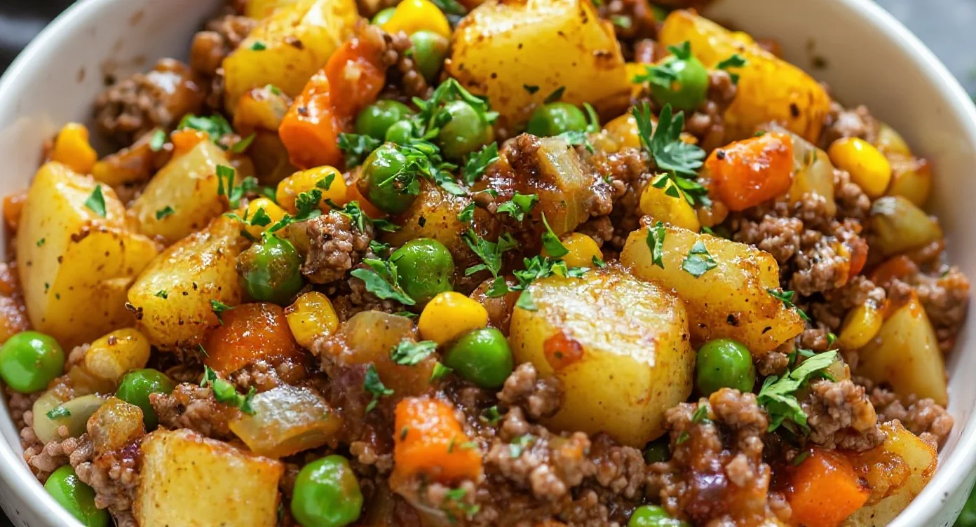 Easy Ground Beef and Potatoes Recipe with peas, carrots, and corn in a white bowl