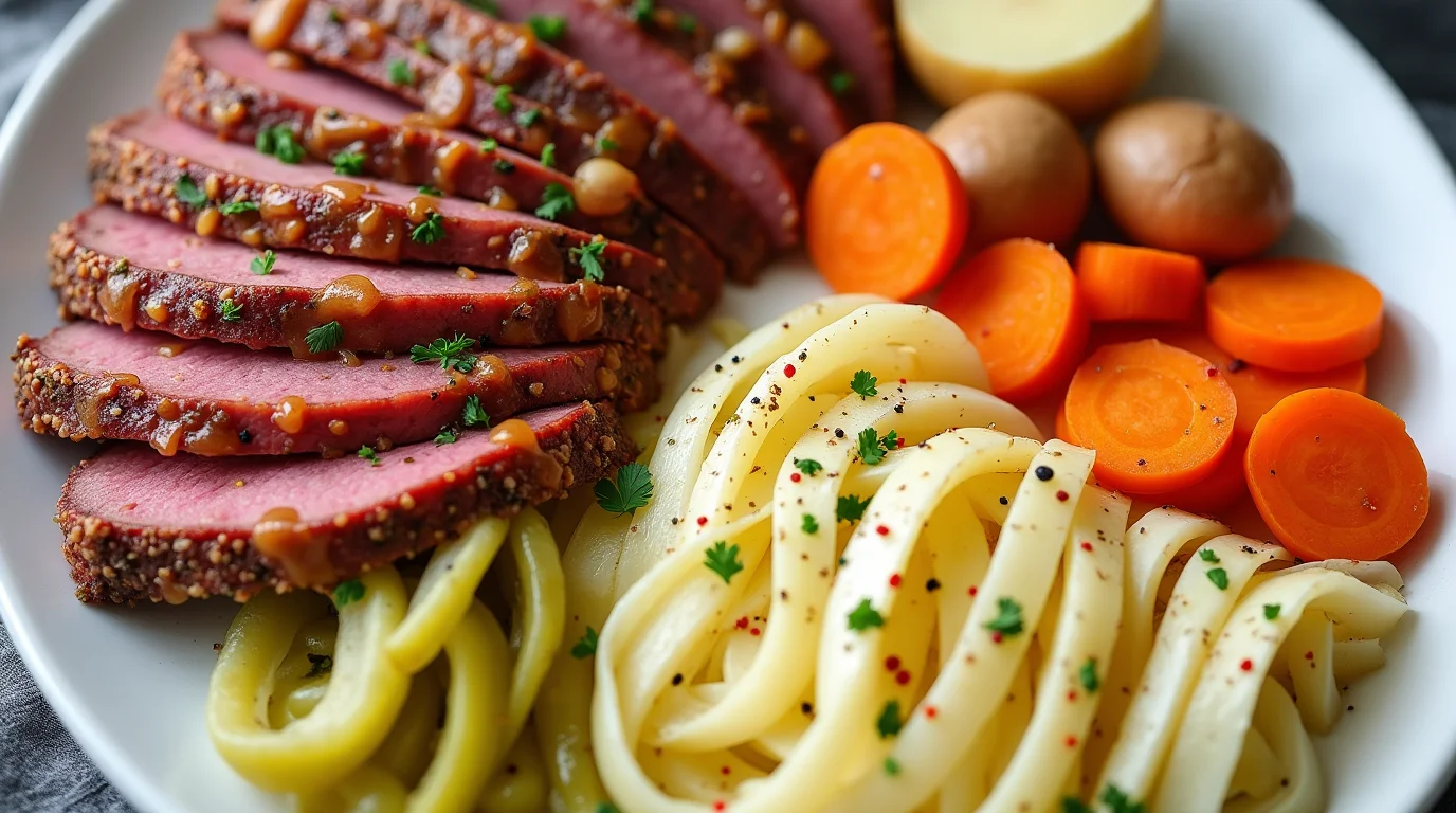 Sliced corned beef with vegetables and pasta from an Easy Instant Pot Corned Beef Recipe
