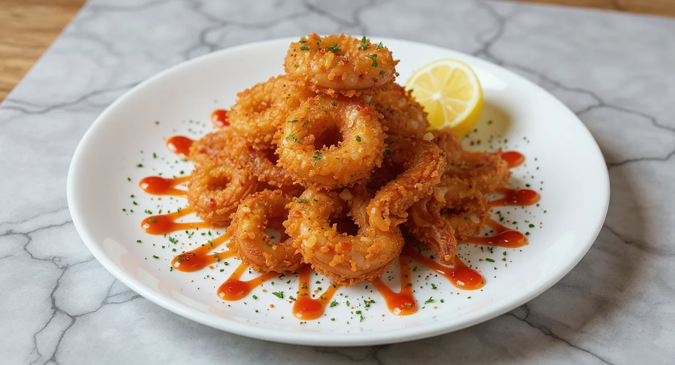 Golden crispy rings from a Restaurant-Style Fried Calamari Recipe served with lemon and sauce drizzle.