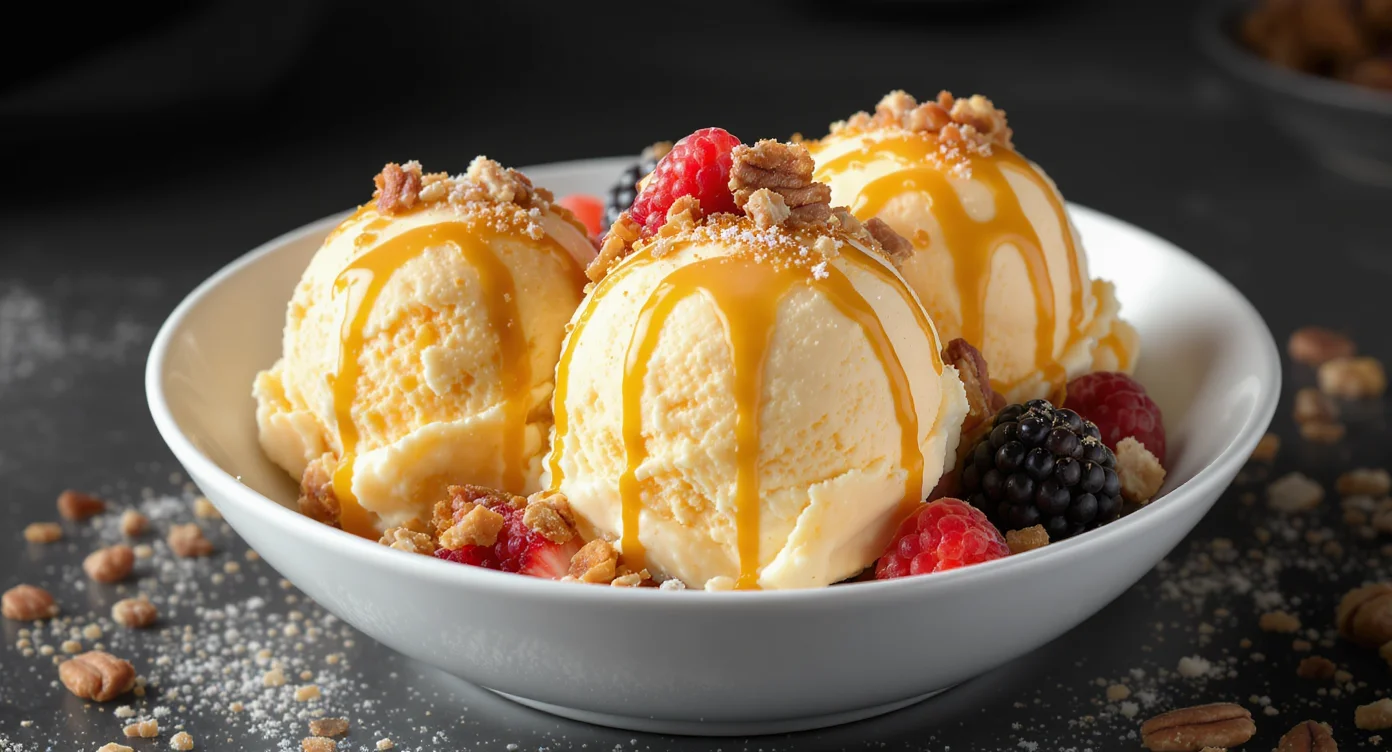 Gooey Butter Cake Ice Cream Recipe served with caramel drizzle, fresh berries, and crumbled pecans in a white bowl.