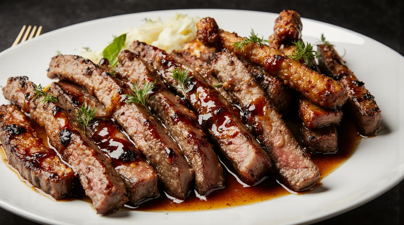 Grill Pan Honey Glazed Steak Strips served on a white plate with sauce and herbs.