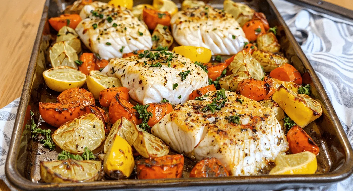 Healthy Baked Cod with Vegetables on a sheet pan