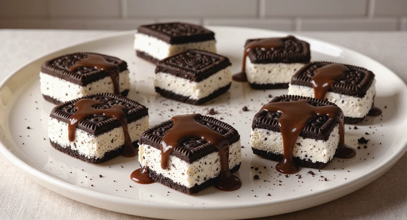 Homemade Oreo Ice Cream Sandwich Recipe with chocolate drizzle on a white plate.