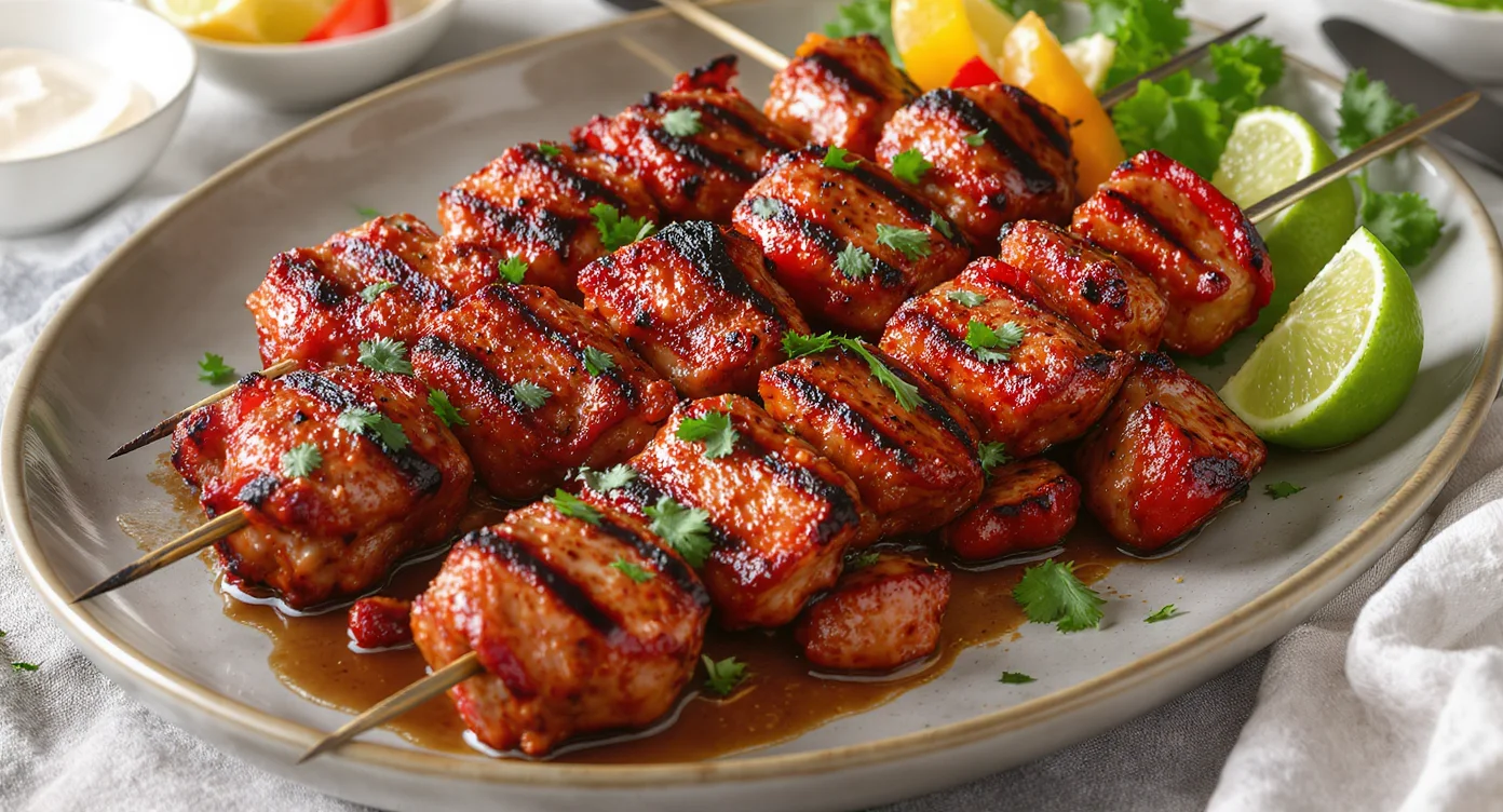 Mexican Barbecue Chicken Skewers grilled with spices and garnished with cilantro.